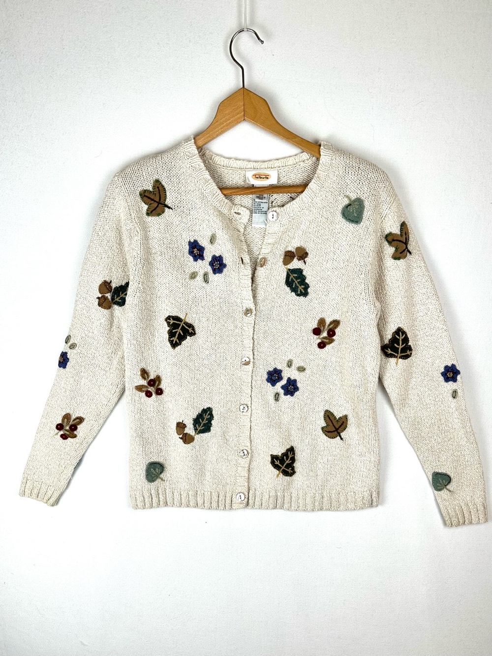 Talbots Leaf Embroidered Button Front Cardigan Sweater Vintage Cottagecore